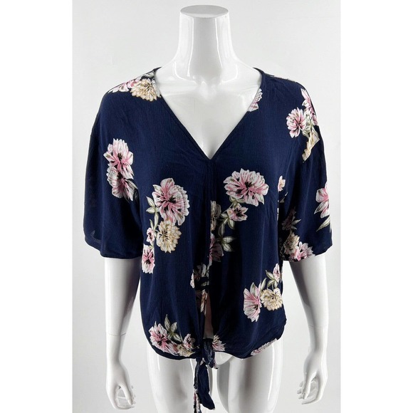LUQ Stitch Fix Rhee Top Size M Navy Blue Pink Floral Tie Front Blouse Womens - Picture 1 of 6